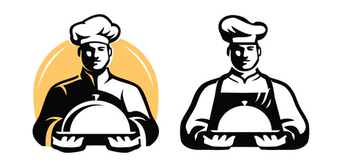 Male chef with tray. Food service emblem. Cook serving delicious food. Illustration for restaurant or cafe menu