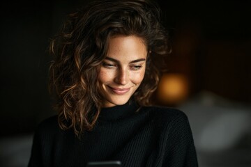 Smiling woman with curly hair enjoys her smartphone in a cozy indoor setting during evening hours