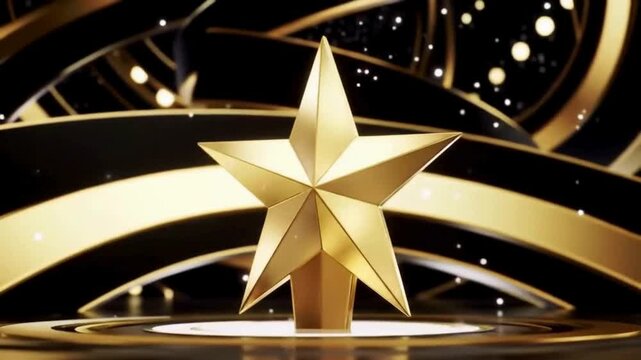 Golden star award trophy on stage. Gold star on dark background