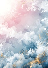 Dreamy abstract landscape with ethereal clouds, mountains and floral elements