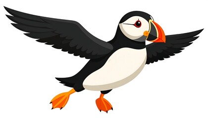 Fototapeta premium Cartoon puffin in flight, wings outstretched, white background