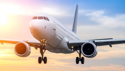 Obraz premium Airplane in flight at sunset