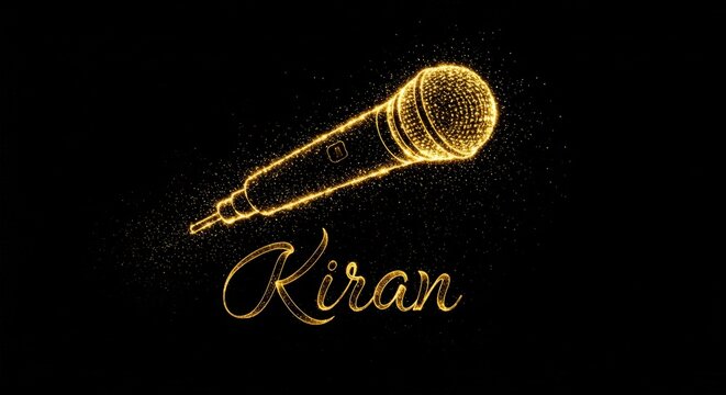 Microphone and the name "Kiran" in glowing golden script on black background