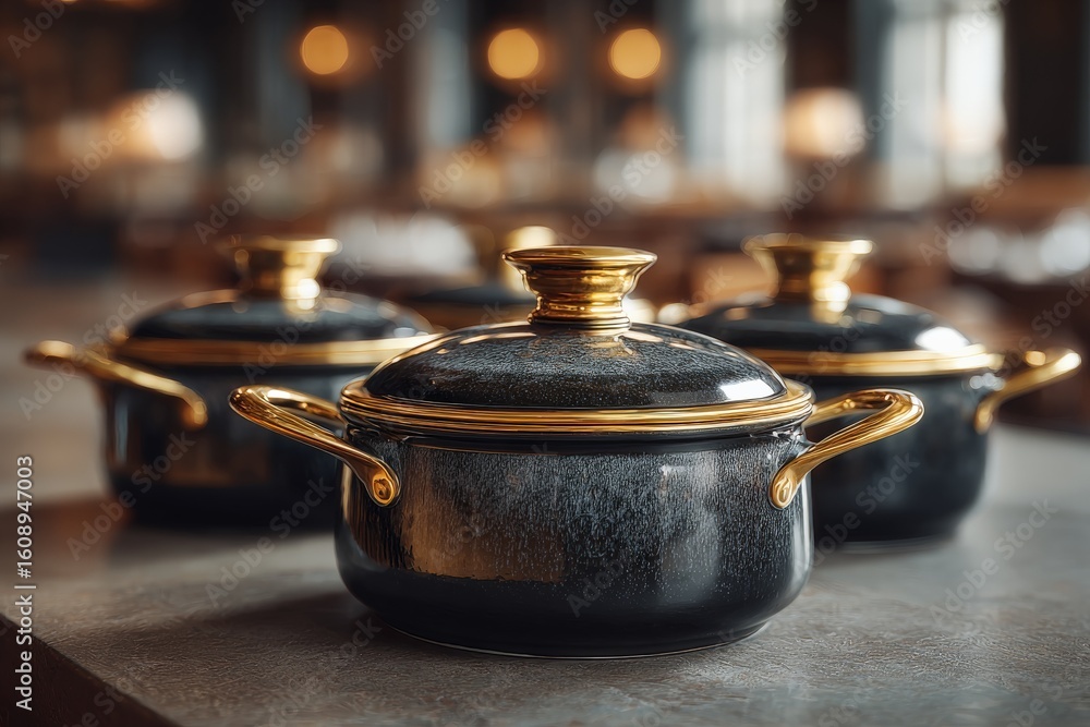 Poster cookware displayed elegantly in a modern dining setting with warm lighting and inviting ambiance