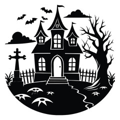 Spooky Halloween haunted house and castle illustration with bats, trees, and pumpkins silhouetted against a full moon at night