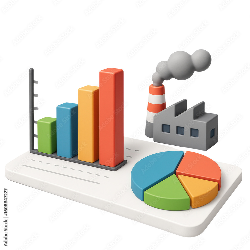 Aufkleber power production hydrocarbon concept. 3d graph and pie chart representing industrial data analysis.