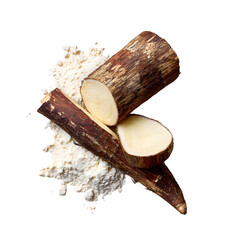 Raw cassava roots and starch powder isolated on transparent background for healthy food ingredient and culinary preparation