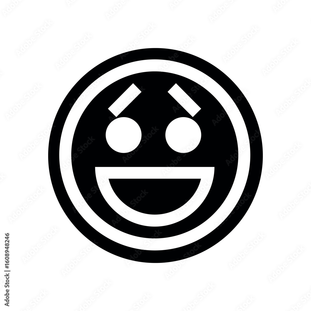 Aufkleber a black and white icon of a smiling face with raised eyebrows inside a double lined circle shape des