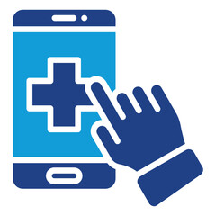 Health App Glyph Blue Silhouette Icon Vector Design - Mobile application with cross icon and finger tap, showing access to healthcare services