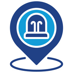 Hospital Location Glyph Blue Silhouette Icon Vector Design - Pin location with hospital building, representing medical facility location or healthcare map point