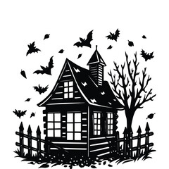 Spooky Halloween night with a pumpkin-decorated cartoon house illustration in a winter landscape village