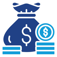 Money Bag Glyph Blue Silhouette Icon Vector Design - Bag filled with coins symbolizes wealth, savings, income, or capital accumulation