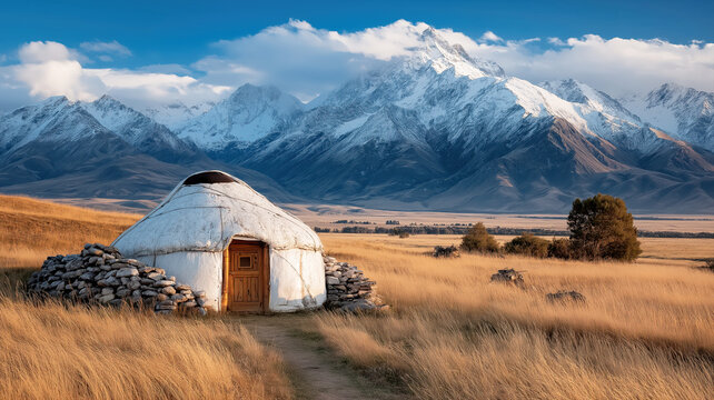 landscape with nomadic yurt on field in highlands on the background of mountains in Asia in Kyrgyzstan