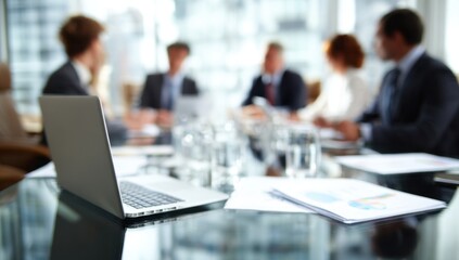 A group of colleagues gathers around a conference table, ready to discuss important business matters with a laptop and documents present.