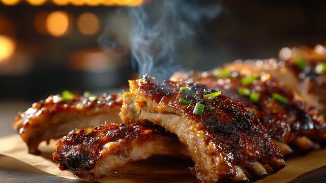 Hot smoked barbecue pork ribs with glossy sauce and steam served on wooden table close up juicy meat texture grilled barbecue ribs in cozy restaurant or food background