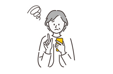 スマホを使っている不満げなシニア女性のイラスト