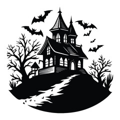 Spooky Halloween night with a pumpkin-decorated cartoon house illustration in a winter landscape village