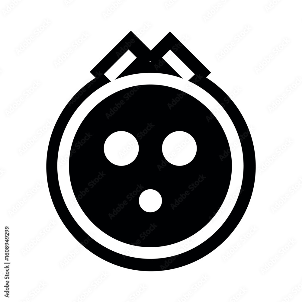 Poster stylized black and white image of a round object with three circles and a geometric shape on top