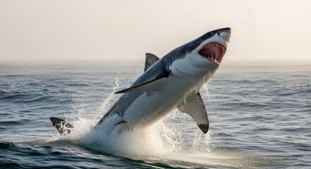 Fototapeta premium Great white shark leaping from the ocean