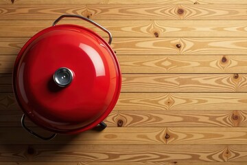A vibrant red outdoor cooker rests on a warm wood surface, ready for a culinary adventure