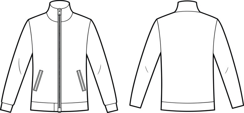 Blank White Stand Collar Zippered Jacket Template Front and Back Views, Customizable Mockup for Casual or Sporty Outerwear Apparel Design