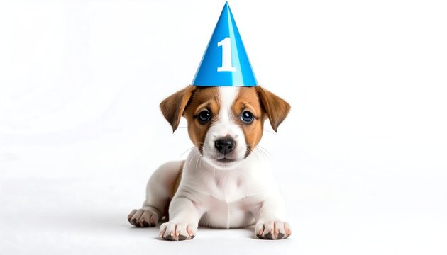 Cute puppy wearing a blue party hat - Powered by Adobe
