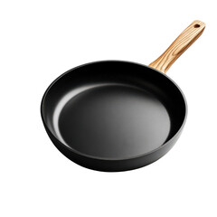 Black frying pan with wooden handle on transparent background