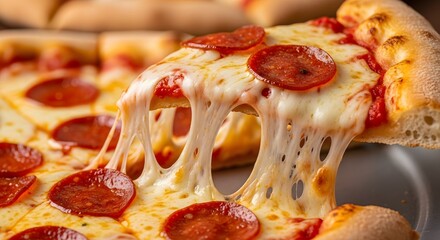 An appetizing view of a hot slice escaping the pie, with crunchy crust and sticky cheese in focus.
