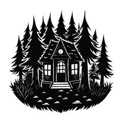 Spooky Halloween night with a pumpkin-decorated cartoon house illustration in a winter landscape village