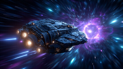 Futuristic spaceship approaches glowing wormhole deep in space engines burning blue surrounded by stars and energy the ship begins a journey through the unknown across galaxies