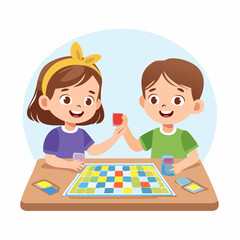 Happy little boy and girl playing a fun board game together at a table, a great leisure activity for kids and friends.