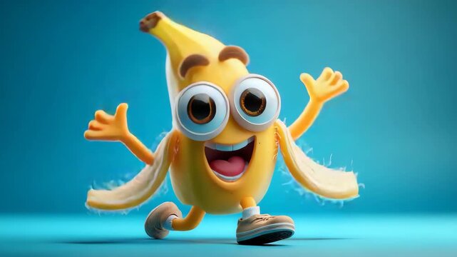 Cute banana character dances with joy its peeled arms flying wide its eyes full of fun and energy cartoon fruit full of life on a blue background full of motion and cheerful spirit