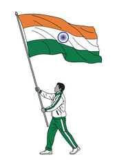 Man in Tracksuit Holding Waving Flag of India Vector Illustration