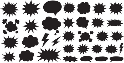 Comic explosion speech bubble set silhouettes shapes, speech bubble vector 