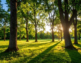 Fototapeta premium Sunlight filtering through trees creates a vibrant forest scene with long shadows