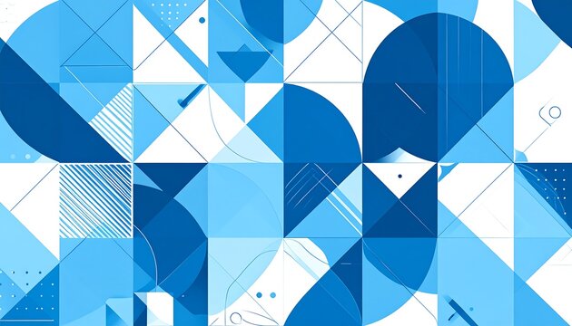 Abstract geometric pattern with blue circles and triangles on a white background