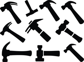 Assorted Hammer Silhouettes Vector Set for Construction, Carpentry, Home Repair, and DIY Projects – Essential Hand Tools for Building and Professional Work.