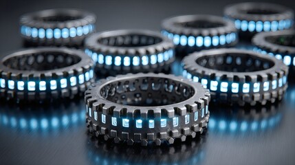 Futuristic Black Rotating Gear with Blue Led Lights in Dark Studio