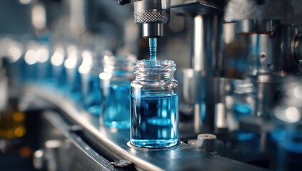 A precise robotic arm dispenses a vibrant blue liquid into a small glass vial on a modern industrial production line, showcasing automation.