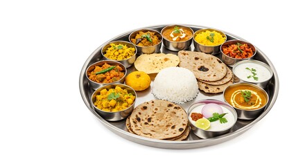 Indian thali meal platter with various dishes isolated on white background