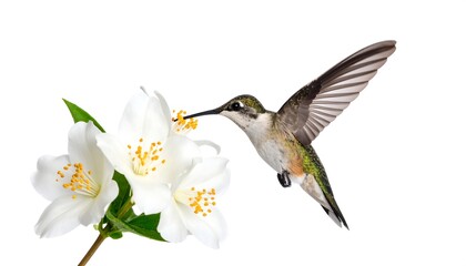 Fototapeta premium Hummingbird in flight, feeding from white jasmine blossoms against a pure white background