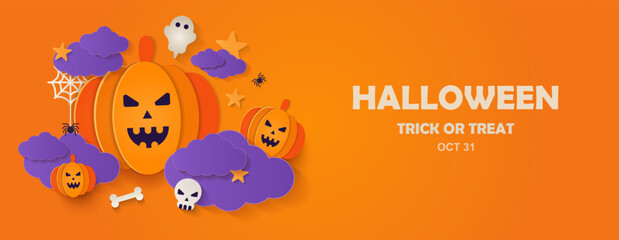 Happy Halloween orange banner, Trick or Treat party invitation background. paper cut style. Vector illustration