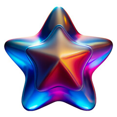 Shimmering Chroma Star. Abstract metallic star, boasting dazzling holographic sheen and iridescent rainbow gradient in shades of blue, purple, yellow, and green. transparent background, cutout, png.
