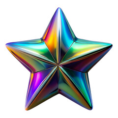 Shimmering Chroma Star. Abstract metallic star, boasting dazzling holographic sheen and iridescent rainbow gradient in shades of blue, purple, yellow, and green. transparent background, cutout, png.