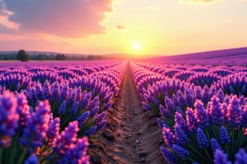 Serene Sunset Over a Vast Field of Purple Blossoms, a Breathtaking View of Nature's Beauty at Golden Hour