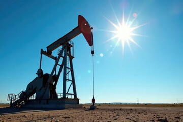 A lone pump jack silhouetted against a brilliant midday sun, a symbol of energy extraction in a vast, arid landscape.