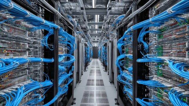 Data Center Server Racks with Blue Network Cables in Modern Technology Facility