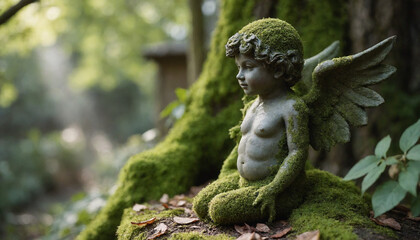 Obraz premium Moss-covered cherub statue sitting on tree stump in forest sunlight 