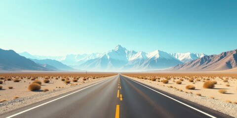 Asphalt ribbon unwinding towards a majestic snow-capped mountain range under a brilliant blue sky, traversing a vast, arid desert landscape.