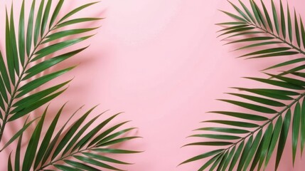 Pink Background with Lush Green Palm Fronds Forming a Natural Frame for Summer Designs